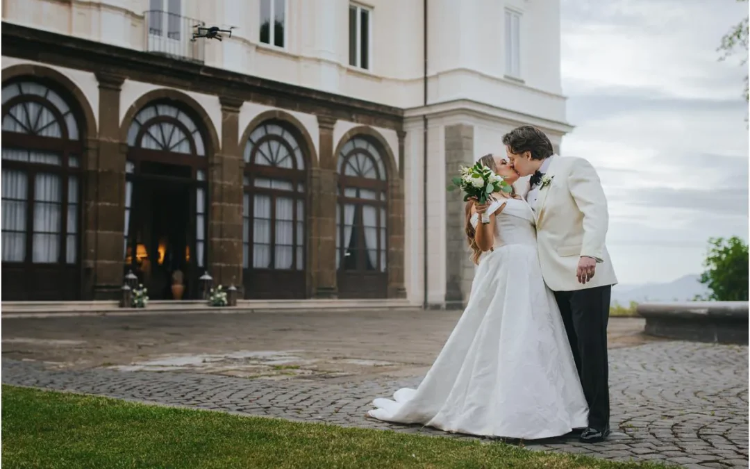 Destination wedding at Villa Grazioli in Frascati photographed by Francesco Russotto, showing Siberian bride Alyona and American groom Aaron with Italian renaissance villa architecture in background