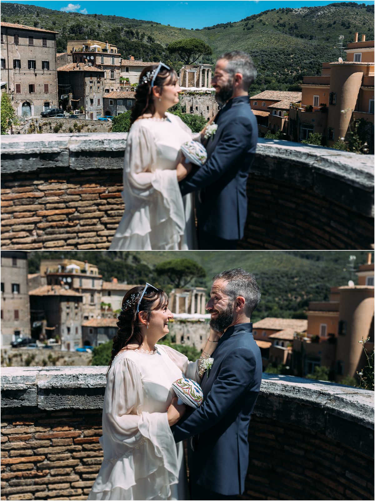 Ritratto verticale degli sposi tra gli scorci di Tivoli
