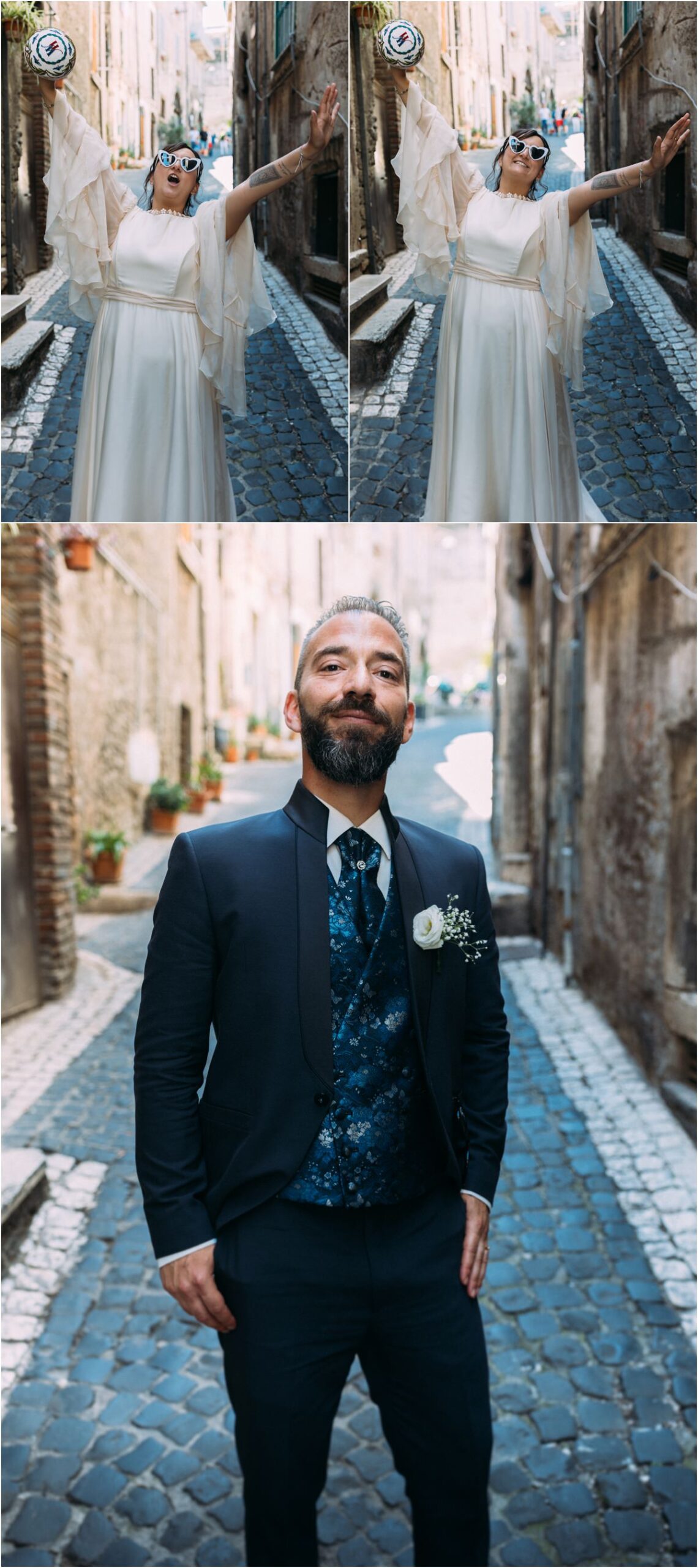 Ritratto verticale degli sposi tra le vie di Tivoli, foto in stile reportage
