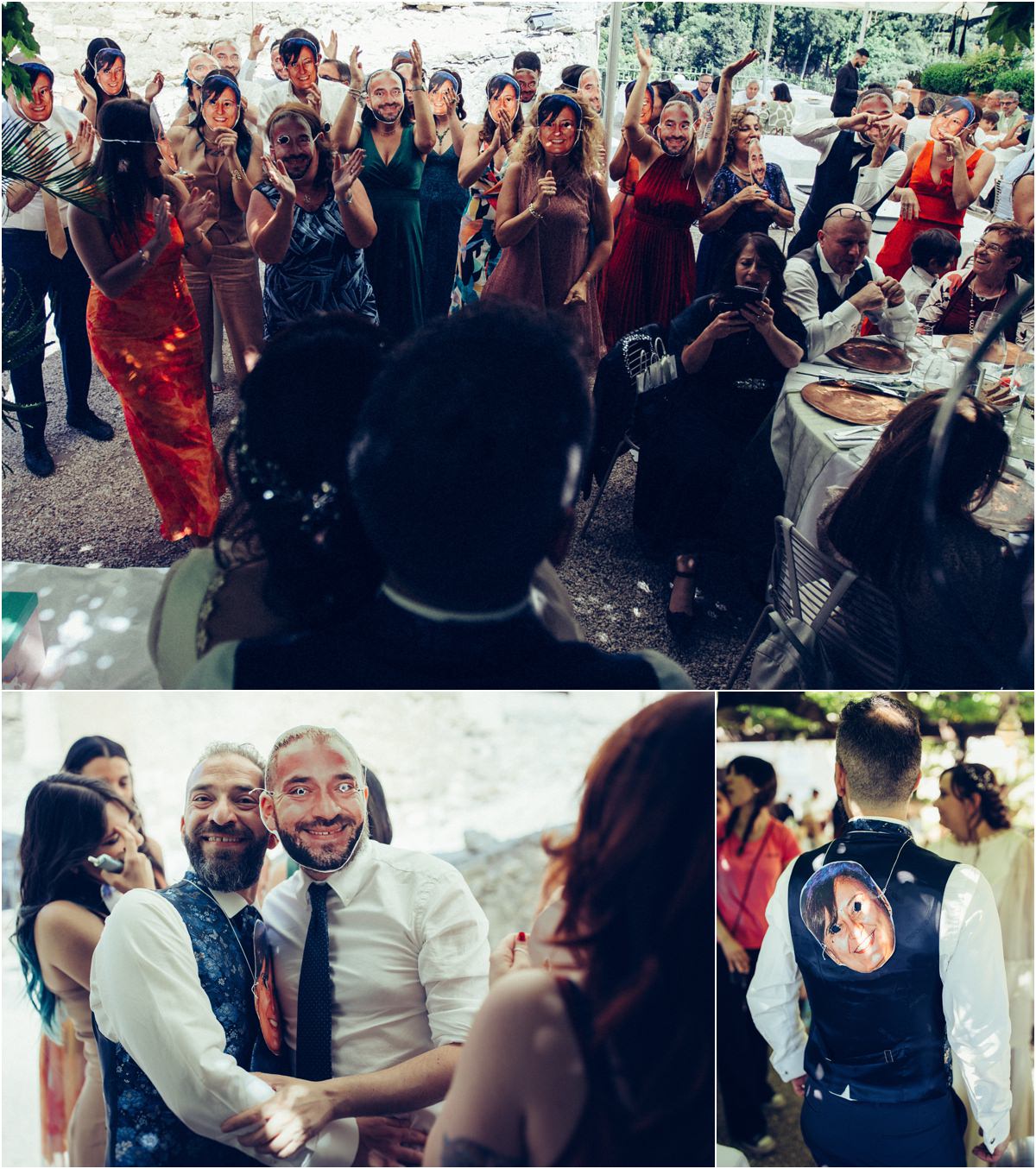Gli invitati indossano le maschere degli sposi alla festa di matrimonio a Tivoli
