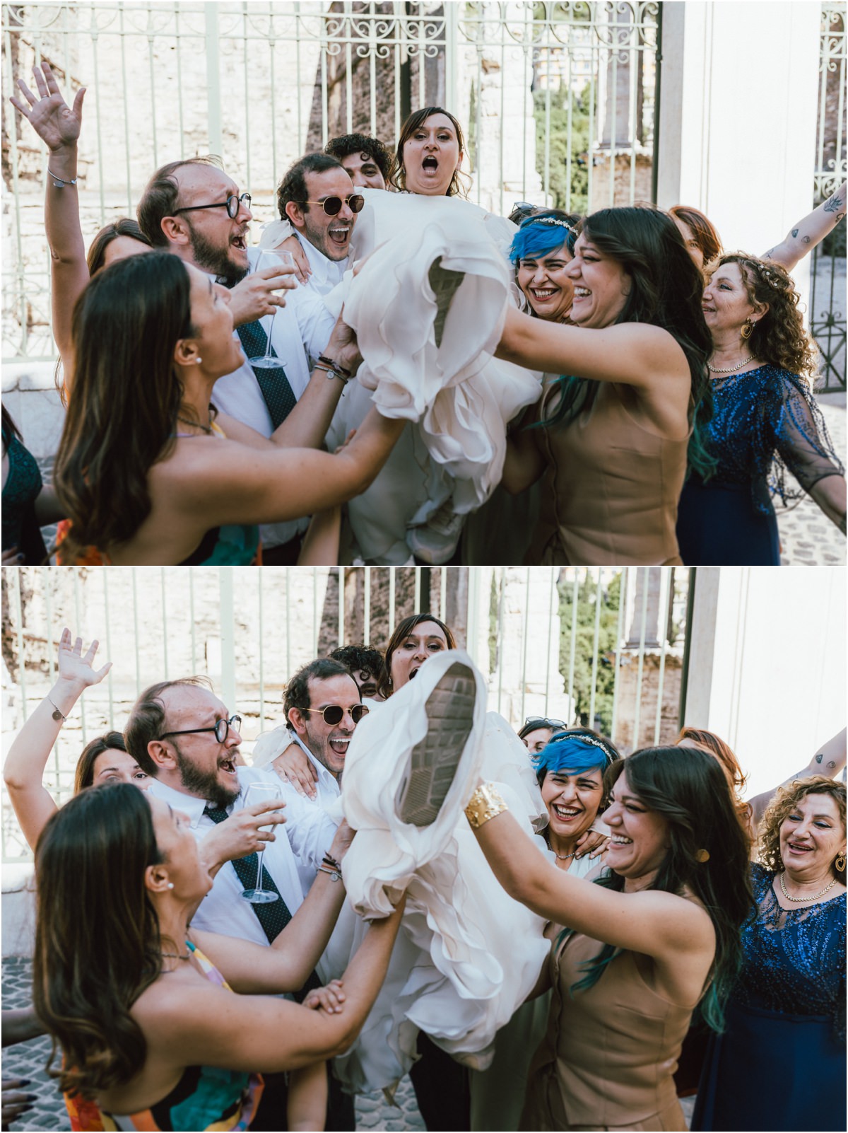 Le invitate attendono il lancio del bouquet al matrimonio a Tivoli