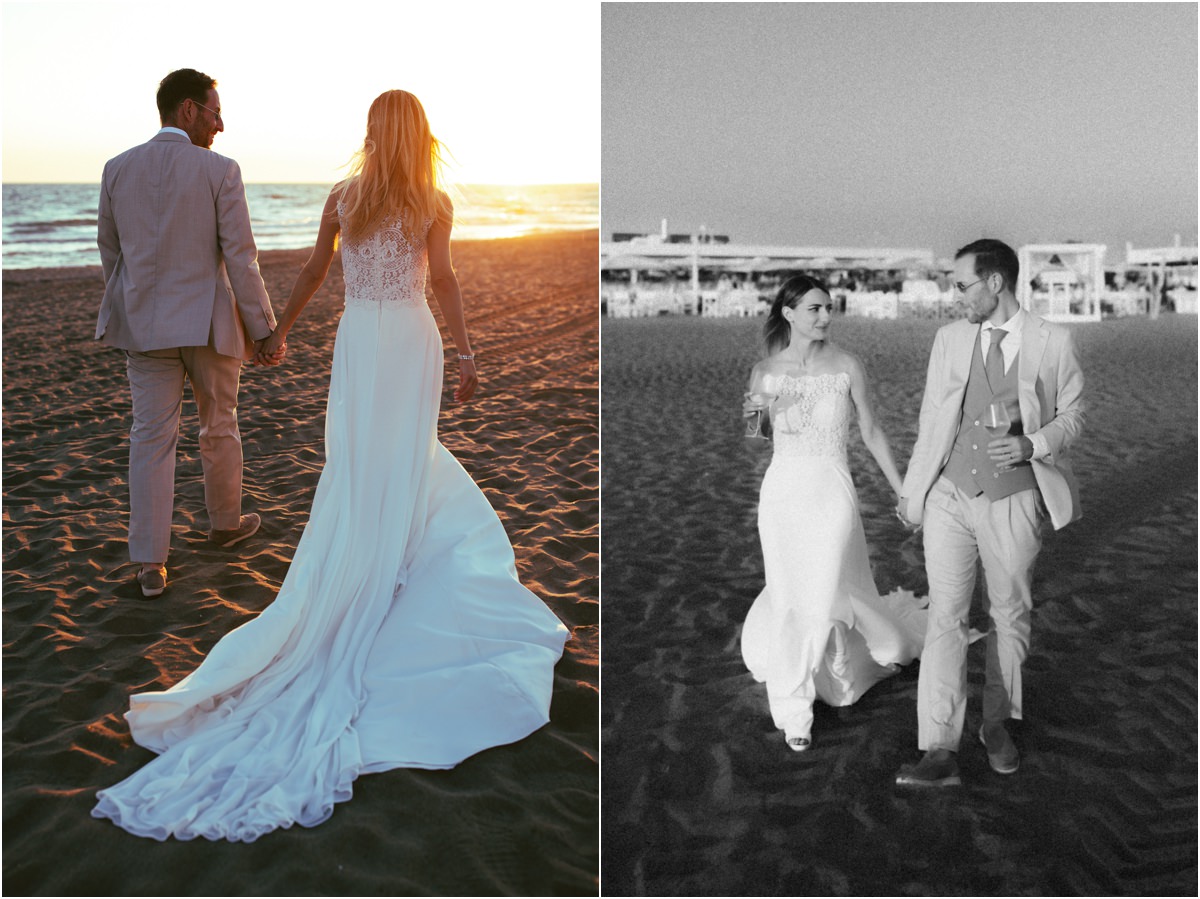 Ritratto romantico degli sposi sulla spiaggia di Fregene