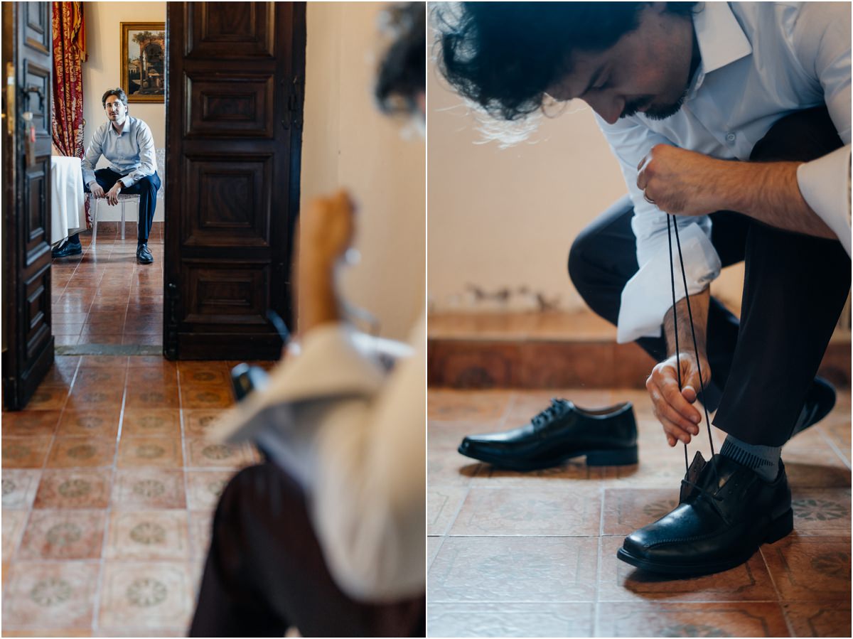 Il testimone dello sposo durante i preparativi a Villa del Cardinale