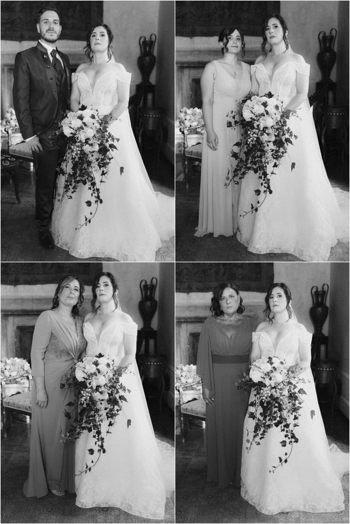 Foto di gruppo con la sposa durante i preparativi a Villa del Cardinale