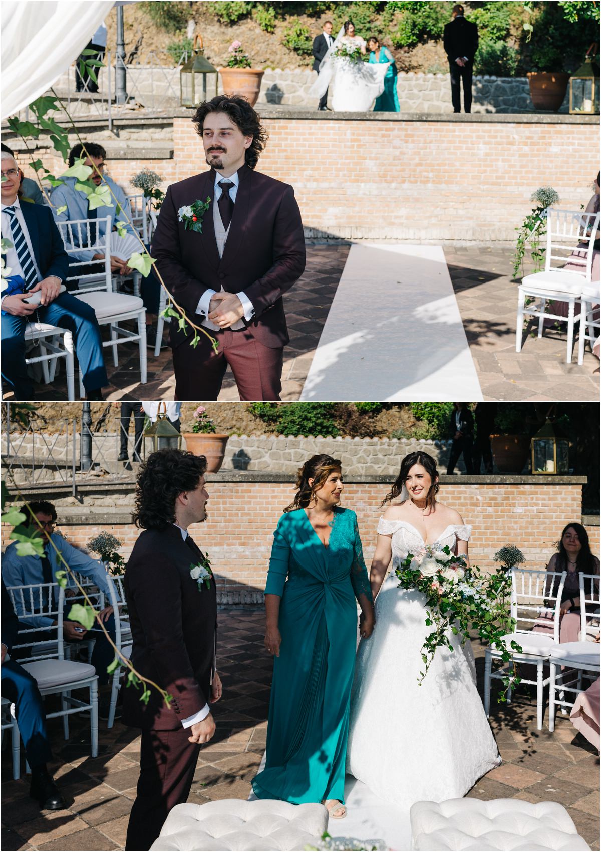 La sposa Michela fa il suo ingresso al rito civile a Villa del Cardinale