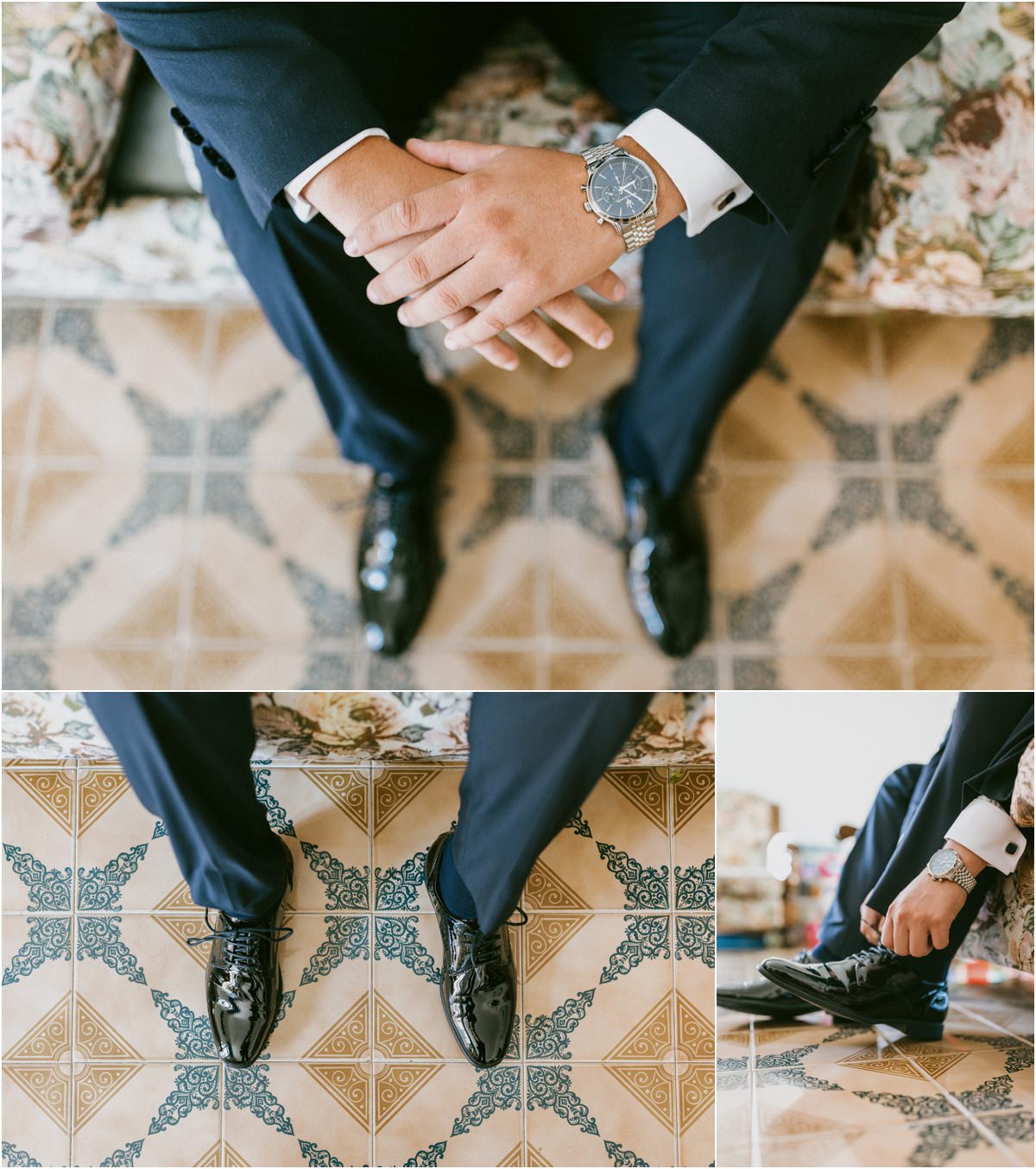 Dettagli dello sposo: scarpe nere lucide, orologio e gemelli sul pavimento di maioliche