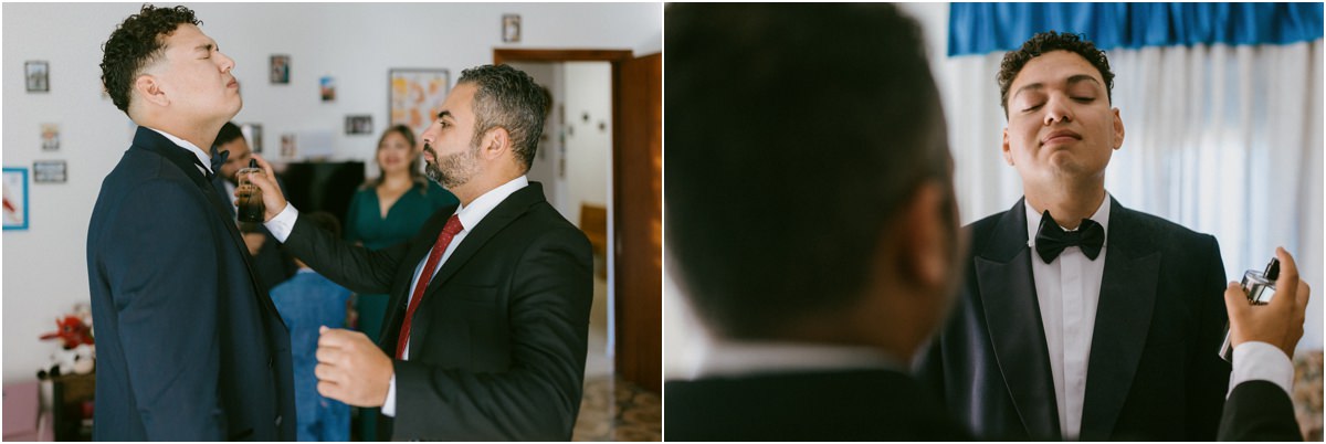 Un amico spruzza il profumo allo sposo, Orlando chiude gli occhi divertito