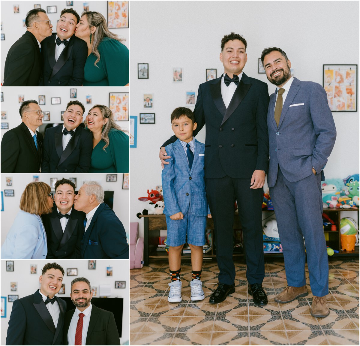 Baci sulle guance allo sposo dai familiari e foto con un bambino e un amico in soggiorno