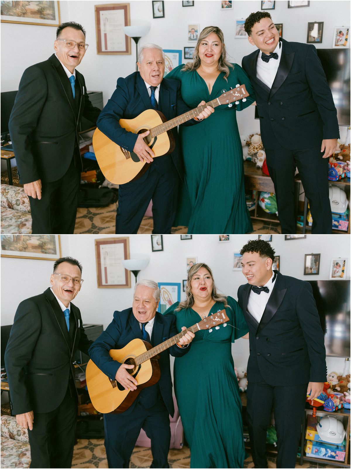 Un familiare suona la chitarra e canta con lo sposo e la famiglia durante la preparazione