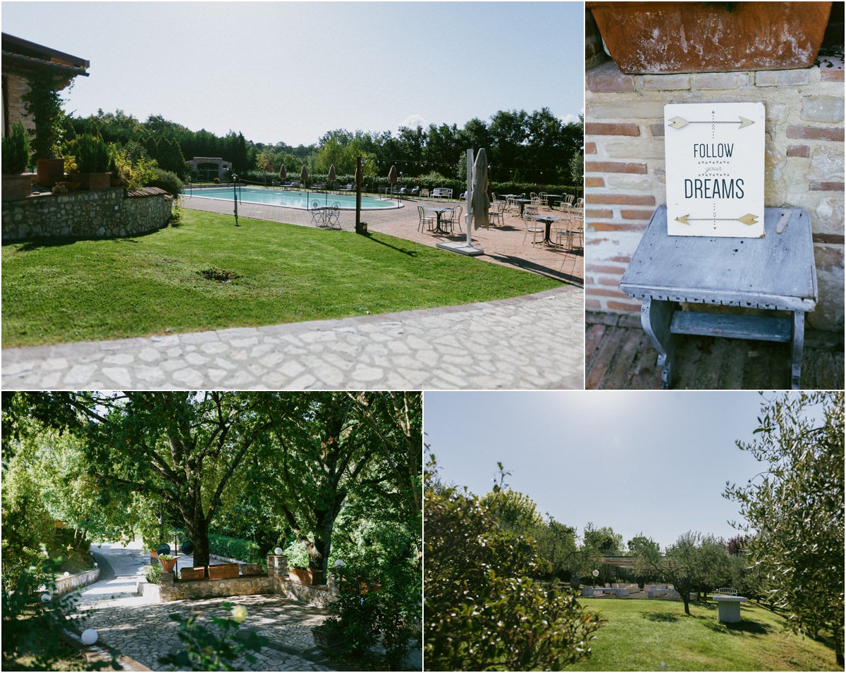 Il giardino, la piscina e gli ulivi della Tenuta La Ginestra a Ornaro, Torricella in Sabina
