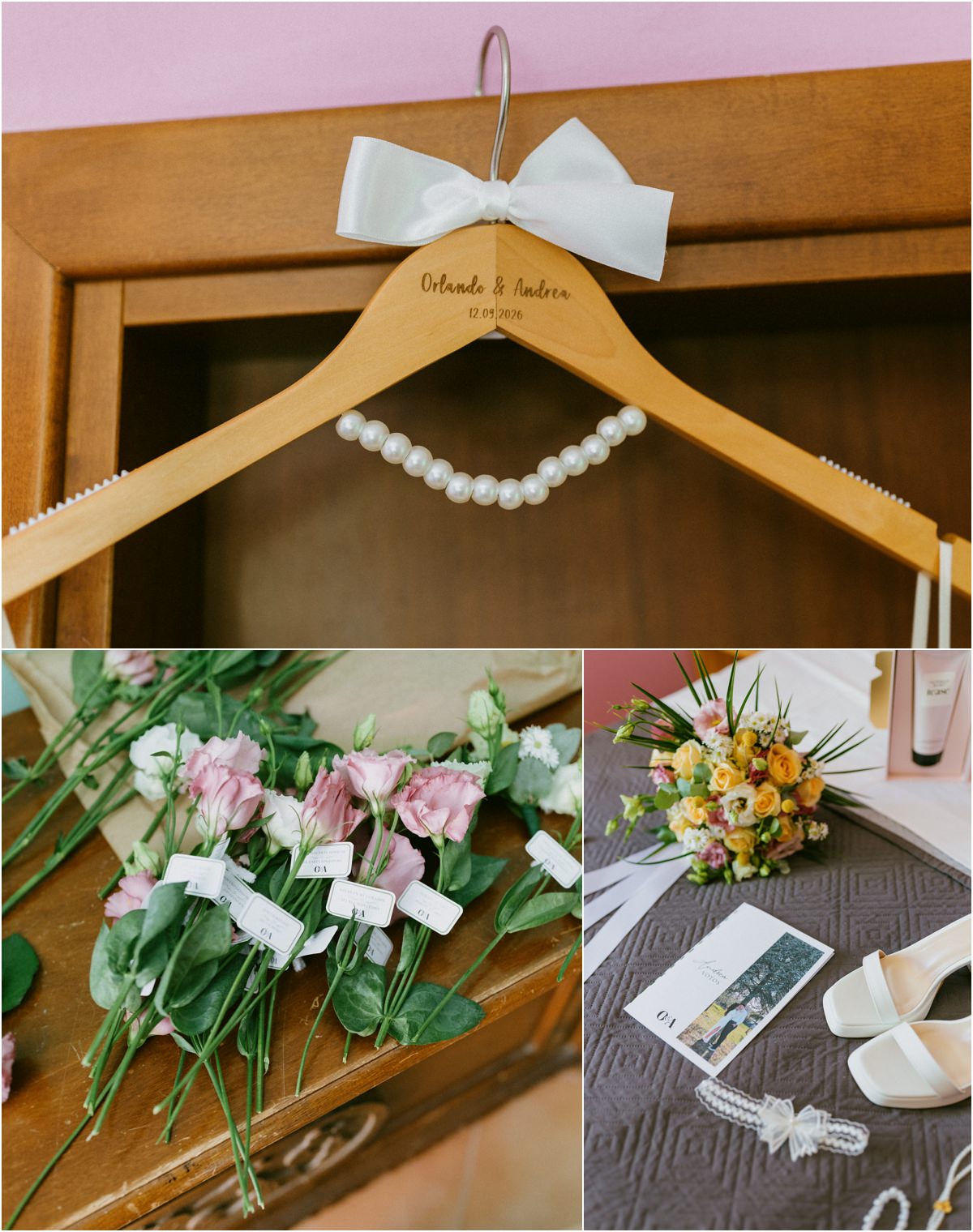 Gruccia della sposa personalizzata con i nomi Orlando e Andrea e perle, fiori, bouquet, scarpe e giarrettiera