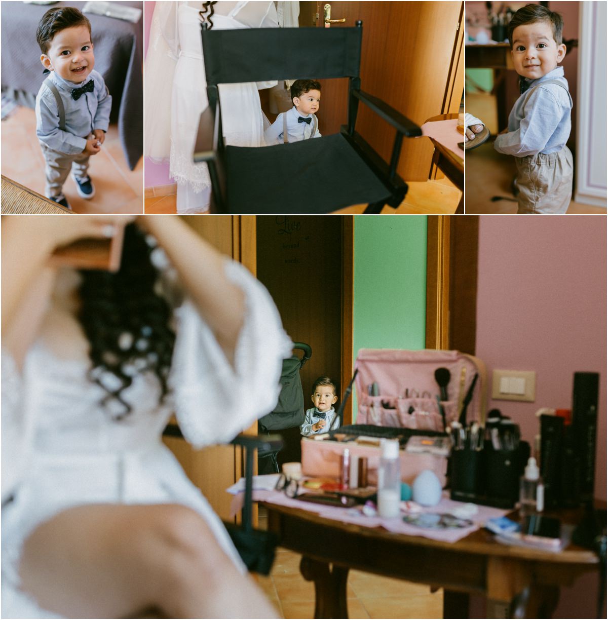 Il figlio di Andrea e Orlando in camicia e papillon gioca nella camera mentre la mamma si prepara