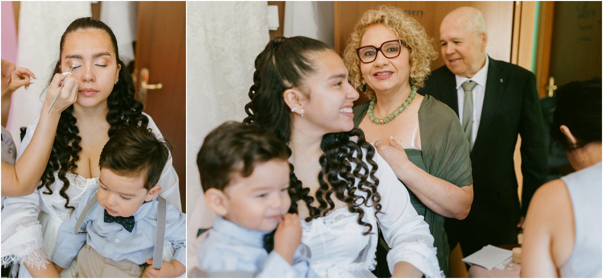 Andrea truccata con il figlio in braccio, poi sorridente con mamma e papà durante la preparazione della sposa