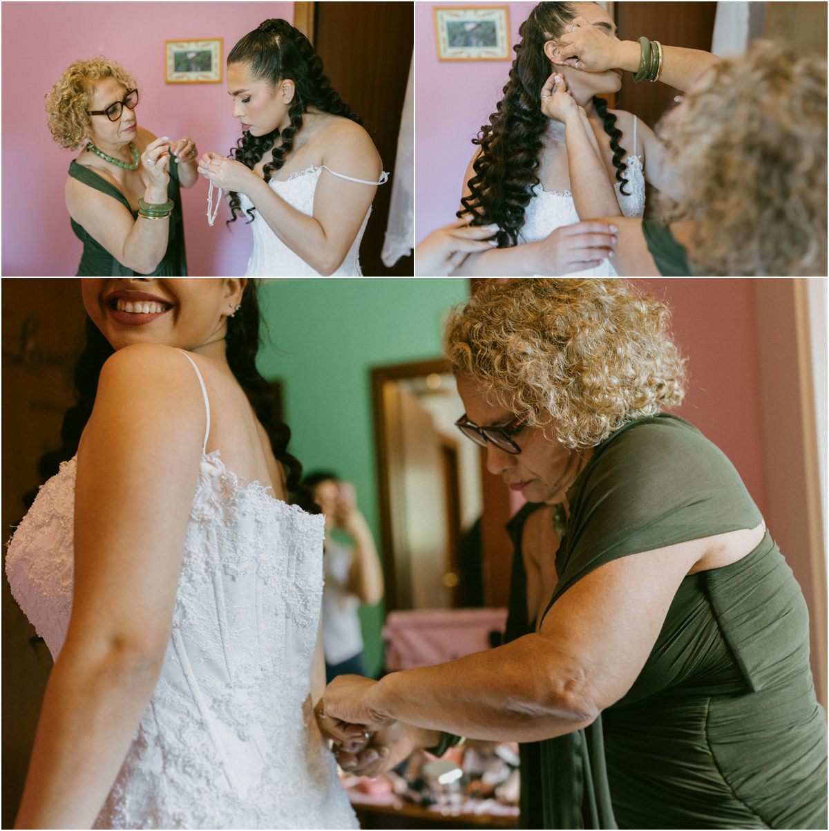 La mamma aiuta Andrea con gli orecchini e allaccia l'abito da sposa