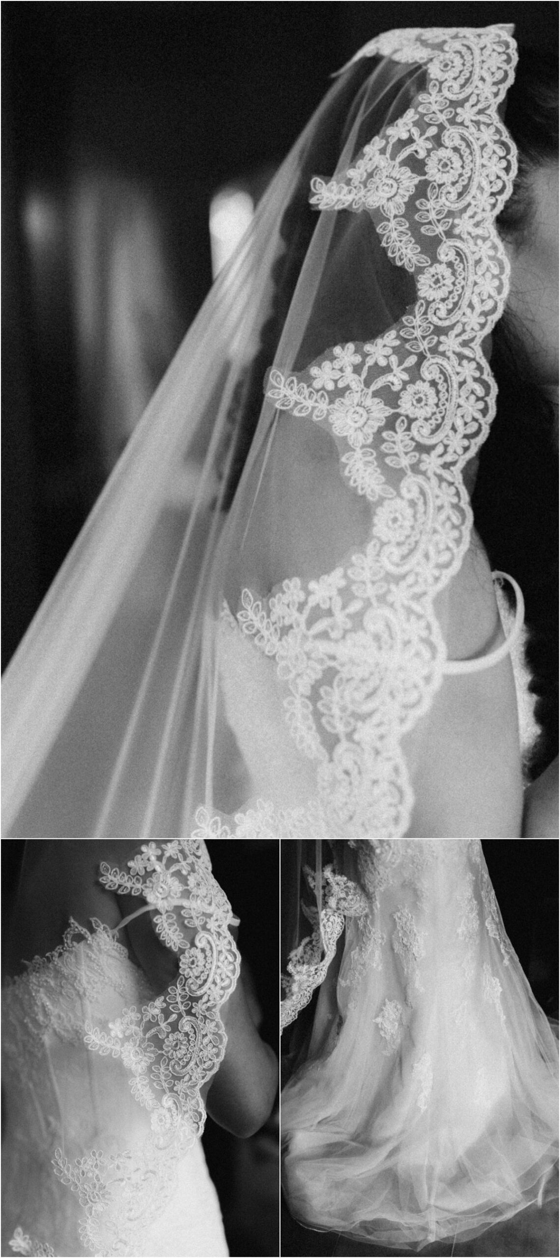 Dettagli in bianco e nero del velo di pizzo e dell'abito da sposa di Andrea