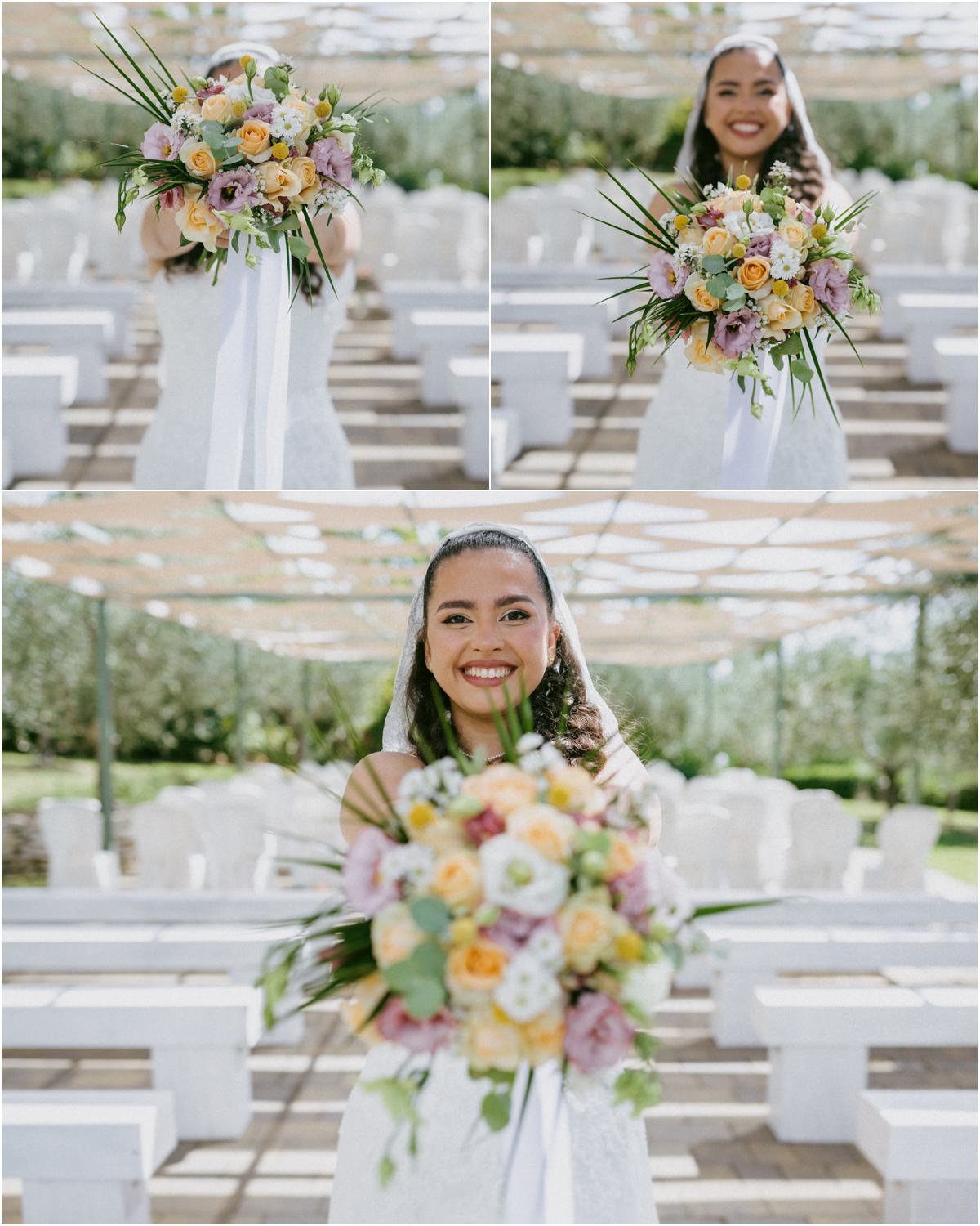 Ritratto sorridente della sposa Andrea con il bouquet sotto il pergolato del rito alla Tenuta La Ginestra