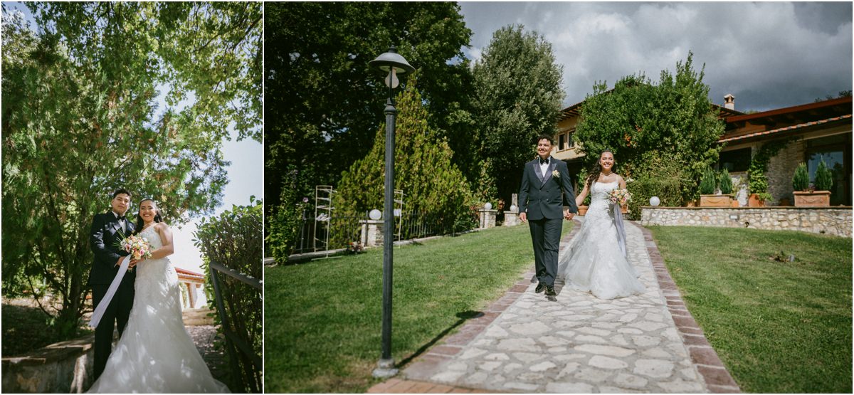 Andrea e Orlando arrivano alla festa camminando sul viale di pietra della Tenuta La Ginestra
