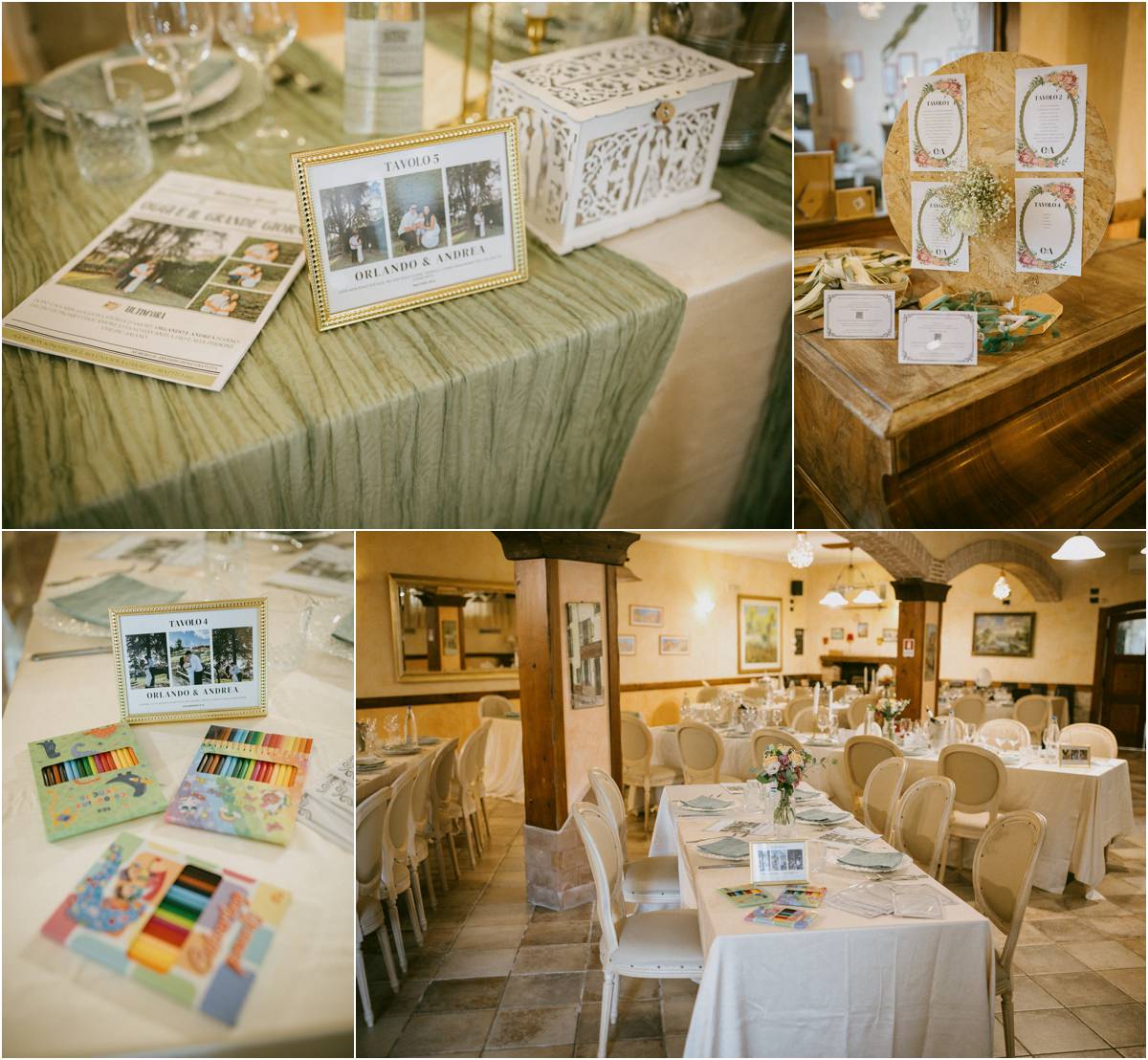 Dettagli della sala del pranzo alla Tenuta La Ginestra: segnatavoli con foto, tableau, colori per i bambini e tavoli apparecchiati