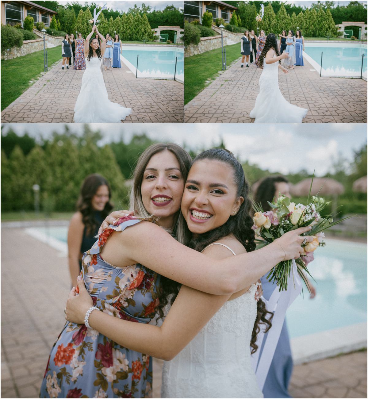 Lancio del bouquet a bordo piscina e abbraccio della sposa con l'amica che lo ha preso