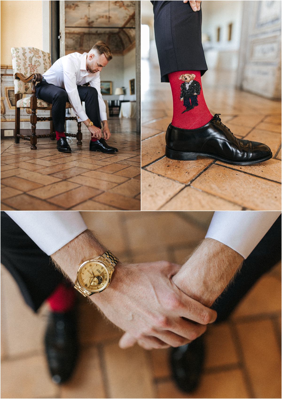Groom Getting Ready: Red Socks and Gold Watch Groom Angus putting on his shoes, detail of red socks and gold watch at Villa Grazioli