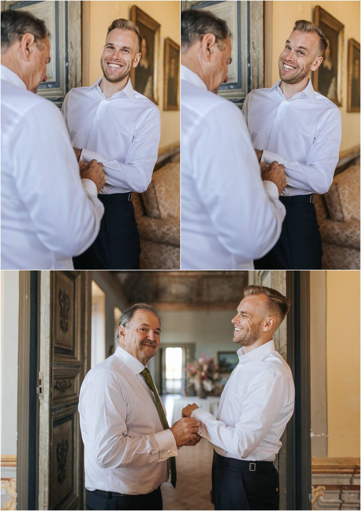 Groom Laughing While Getting Ready Groom Angus laughing with a family member while fixing his shirt cuffs in a frescoed room of Villa Grazioli
