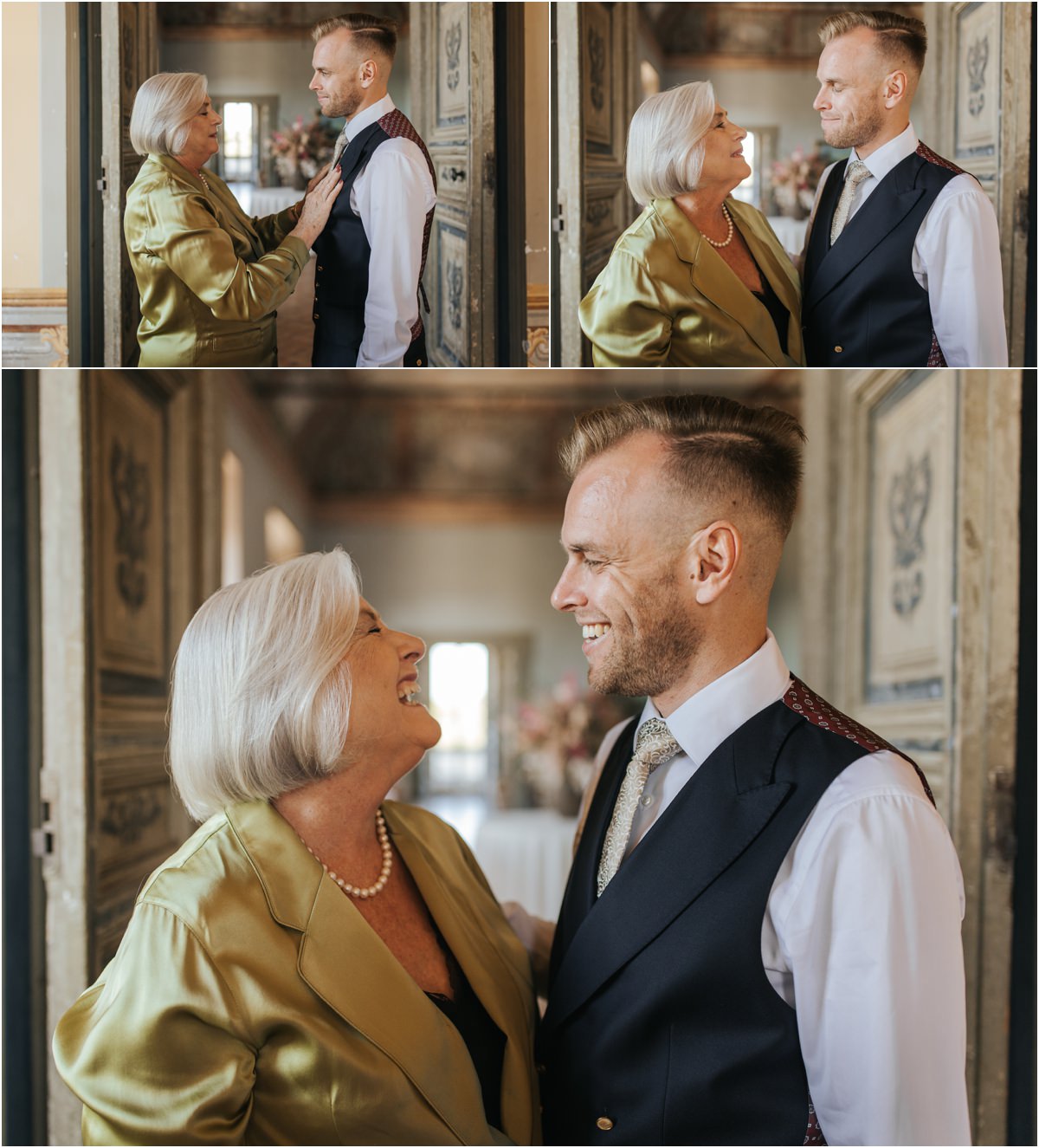 Groom and Family Member Sharing a Laugh Groom Angus and a woman in a green satin suit laughing face to face at Villa Grazioli