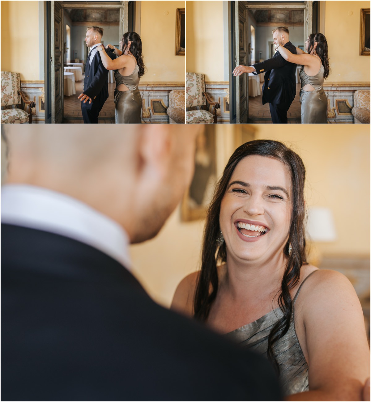 Friend Helping the Groom with His Jacket Smiling young woman helping groom Angus put on his navy jacket at Villa Grazioli