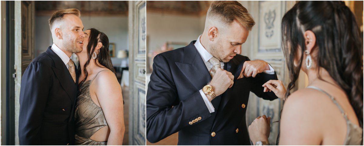 Last Adjustments to the Groom Jacket Groom Angus adjusting his pocket square with a young woman beside him at Villa Grazioli