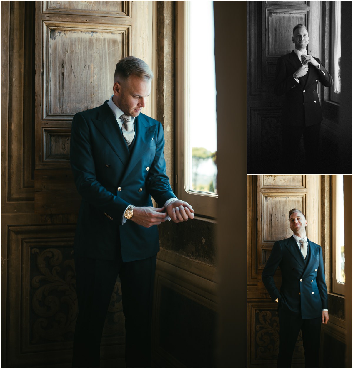 Groom Portrait in Double-Breasted Suit Groom Angus in a double-breasted navy suit adjusting his cuffs by a window at Villa Grazioli