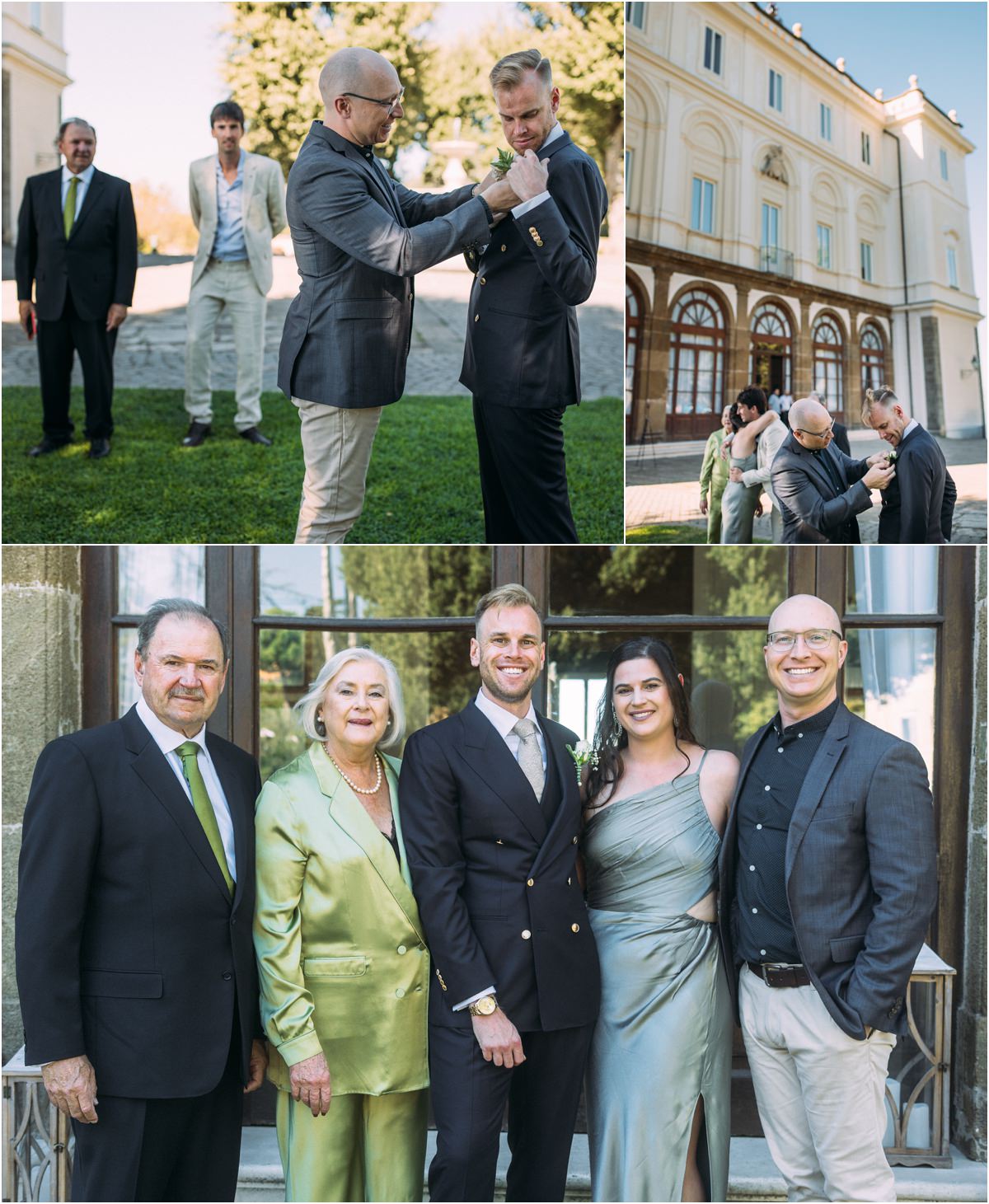Groom with Family and Friends at Villa Grazioli Groom Angus with family and friends in front of Villa Grazioli, and a friend fixing his boutonniere in the garden