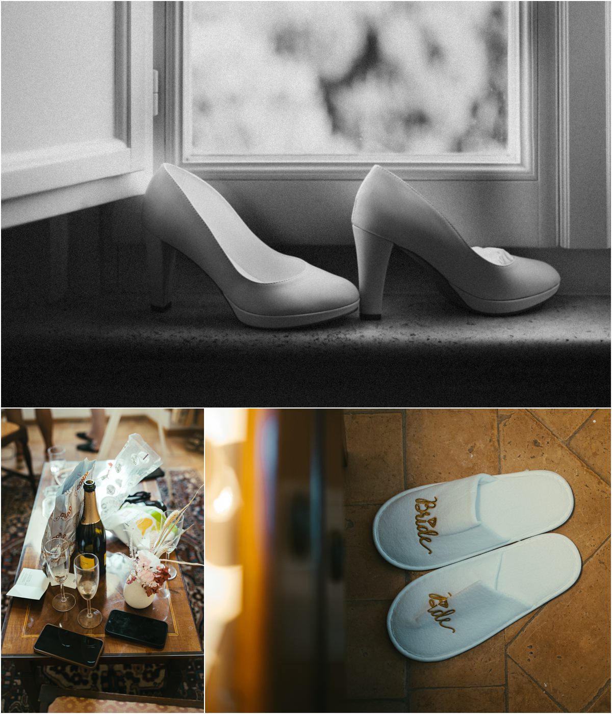 Bridal Shoes, Slippers and Champagne Bride getting ready details: white bridal shoes by the window, champagne and slippers with the word Bride