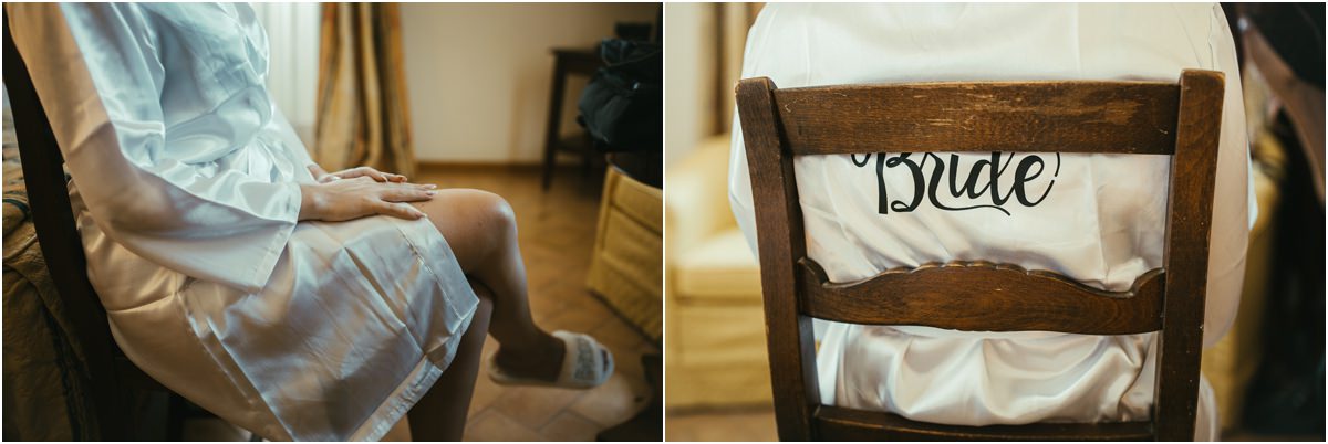Bride Robe and Bride Chair Bride Miriana in a satin robe and a chair with a Bride sign during her wedding preparations