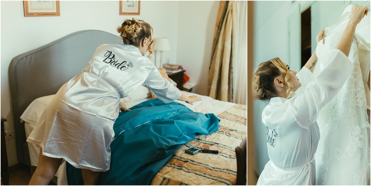 Bride Preparing Her Wedding Dress Bride Miriana in a robe with the word Bride on her back, preparing clothes and lifting her wedding dress