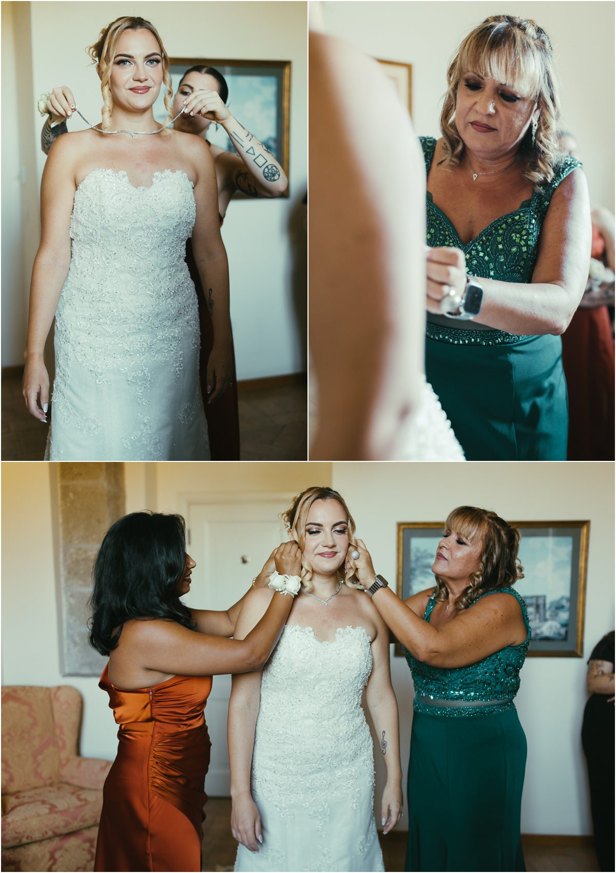 Bride Putting On Her Necklace Bride Miriana in her strapless lace wedding dress while a bridesmaid and a woman in green fasten her jewellery