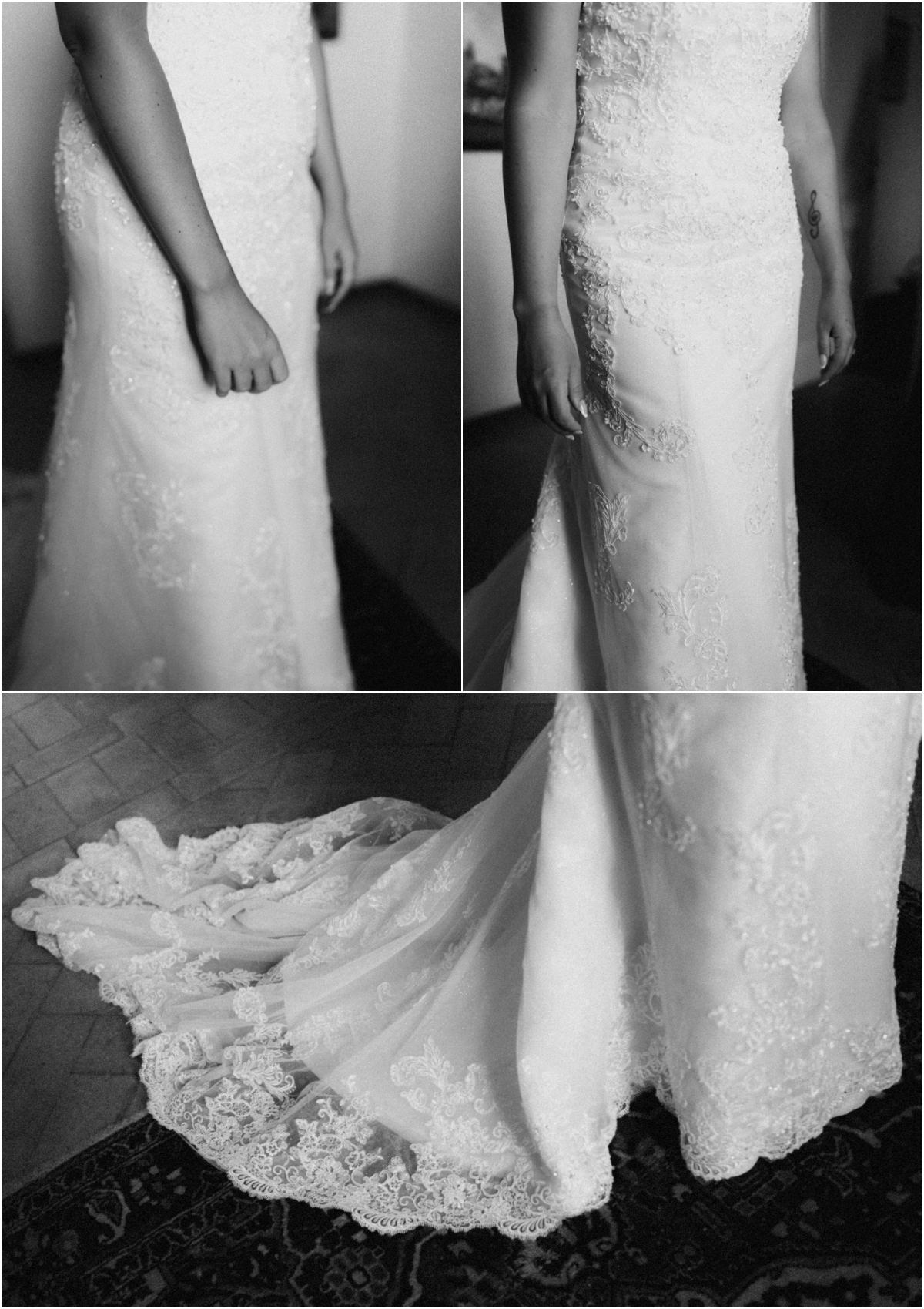 Lace Wedding Dress and Train, Black and White Black and white details of the lace wedding dress of Miriana and its long train on the floor