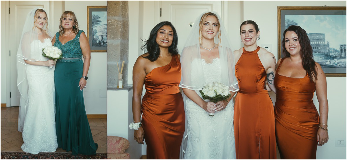 Bride with Her Bridesmaids Bride Miriana with a woman in a green dress and with her three bridesmaids in orange satin dresses