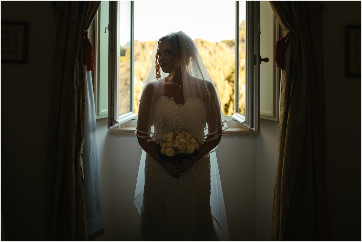 Bride Silhouette in Front of the Open Window Backlit bride Miriana with veil and bouquet standing in front of an open window