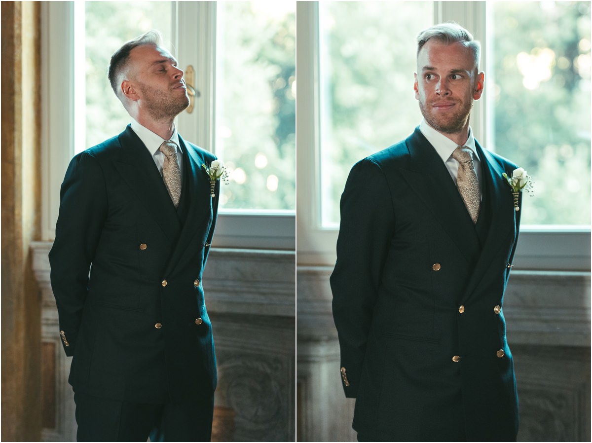 Groom Angus Waiting for the Bride Groom Angus in a double-breasted suit taking a deep breath while waiting for the bride at Villa Grazioli