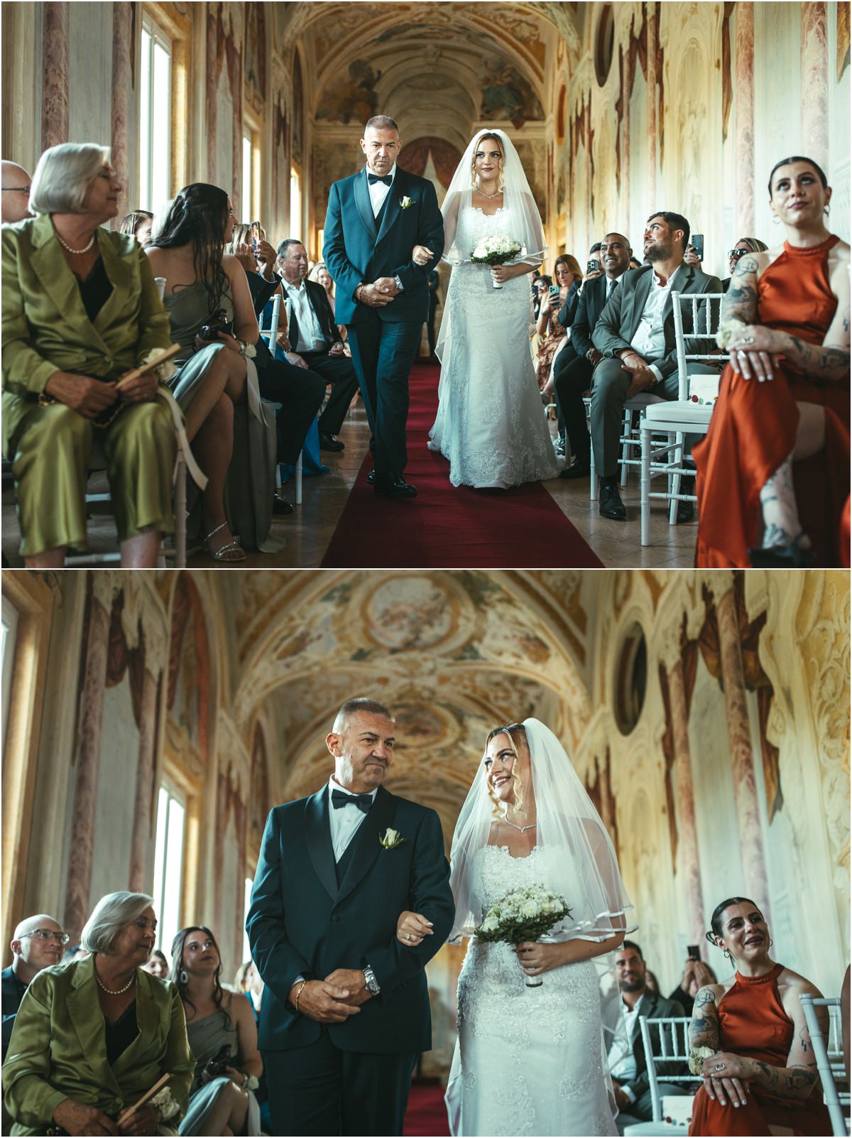 Bride Walking Down the Aisle at Villa Grazioli Smiling bride Miriana walking down the red aisle of the frescoed Pannini Gallery at Villa Grazioli