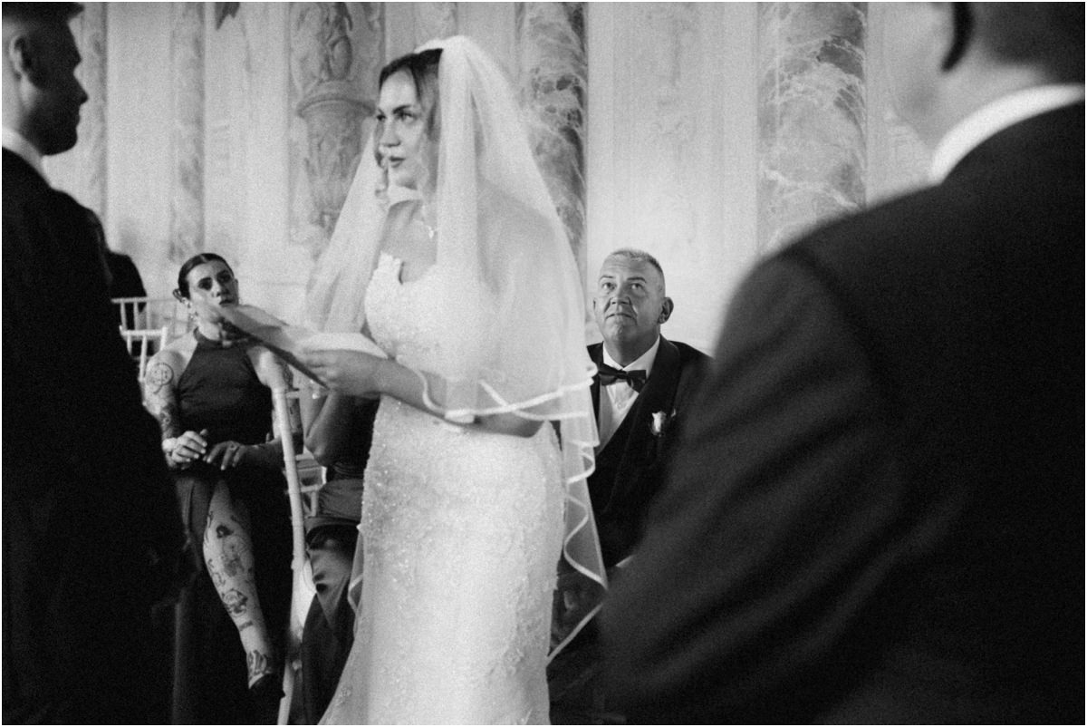 Bride Reading Her Vows, Black and White Black and white photo of bride Miriana reading her vows to Angus in the Pannini Gallery