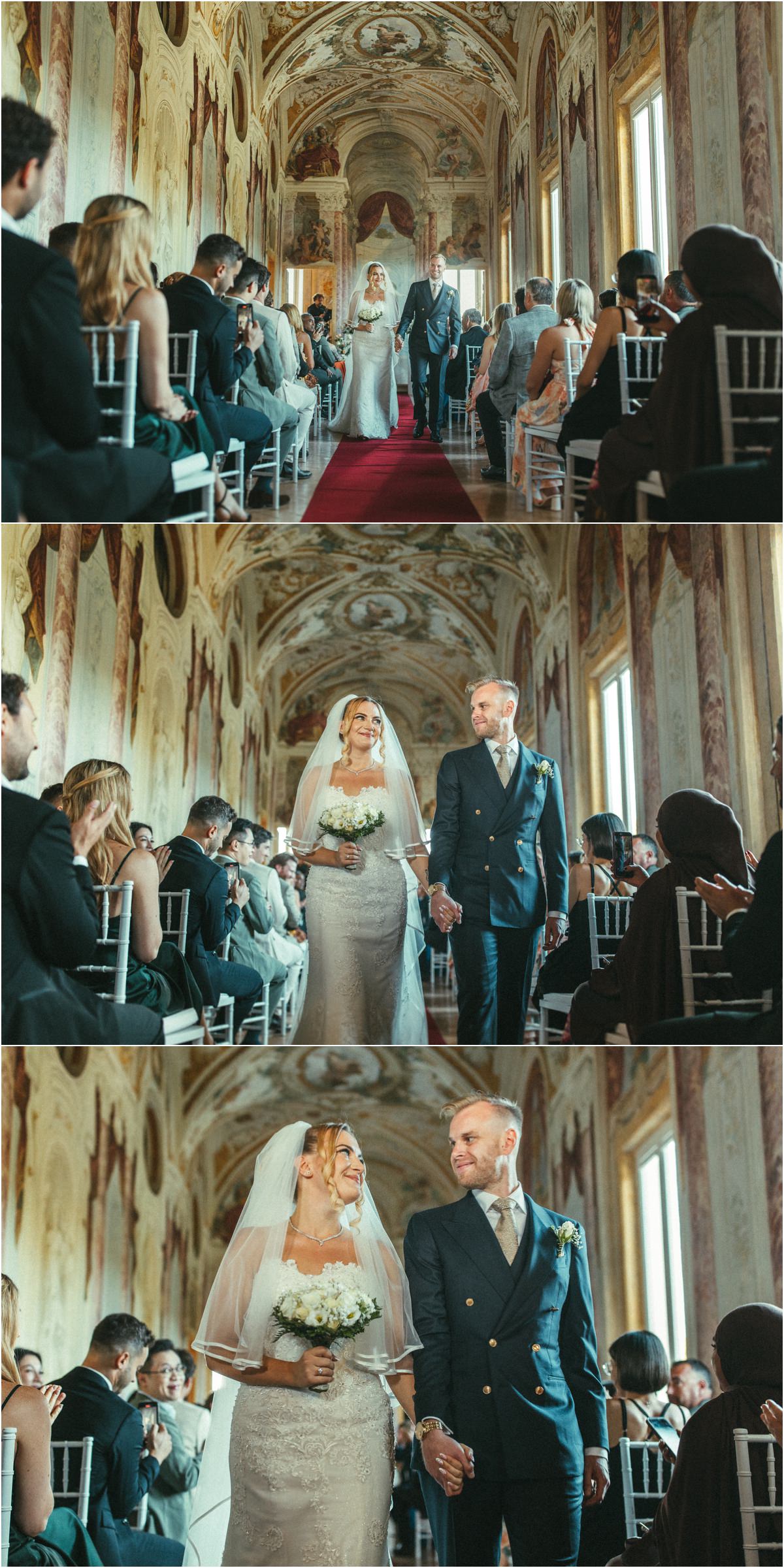 Newlyweds Walking Back Down the Aisle Newlyweds Miriana and Angus walking back down the aisle of the Pannini Gallery among smiling guests