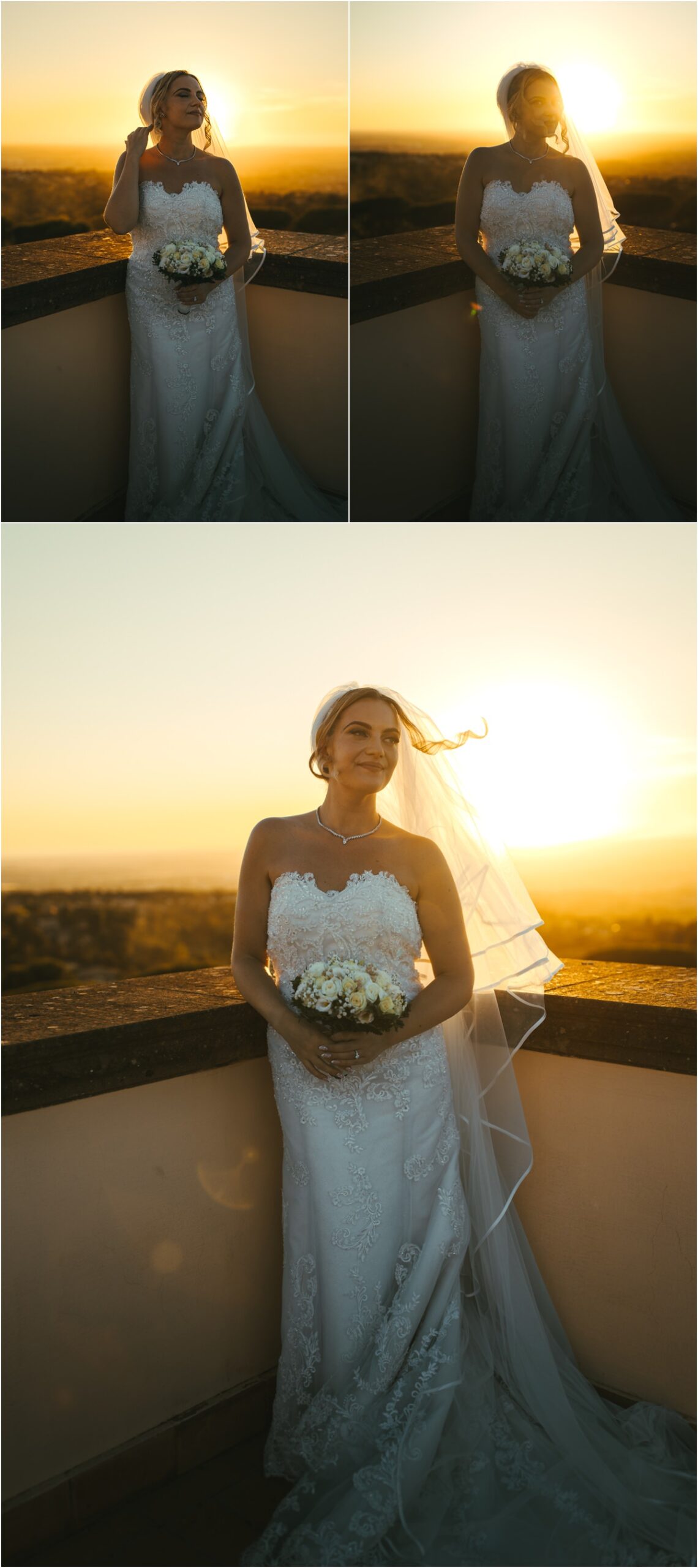 Bride Portrait at Golden Hour Bride Miriana in her lace wedding dress and veil, backlit by the sunset on the terrace of Villa Grazioli