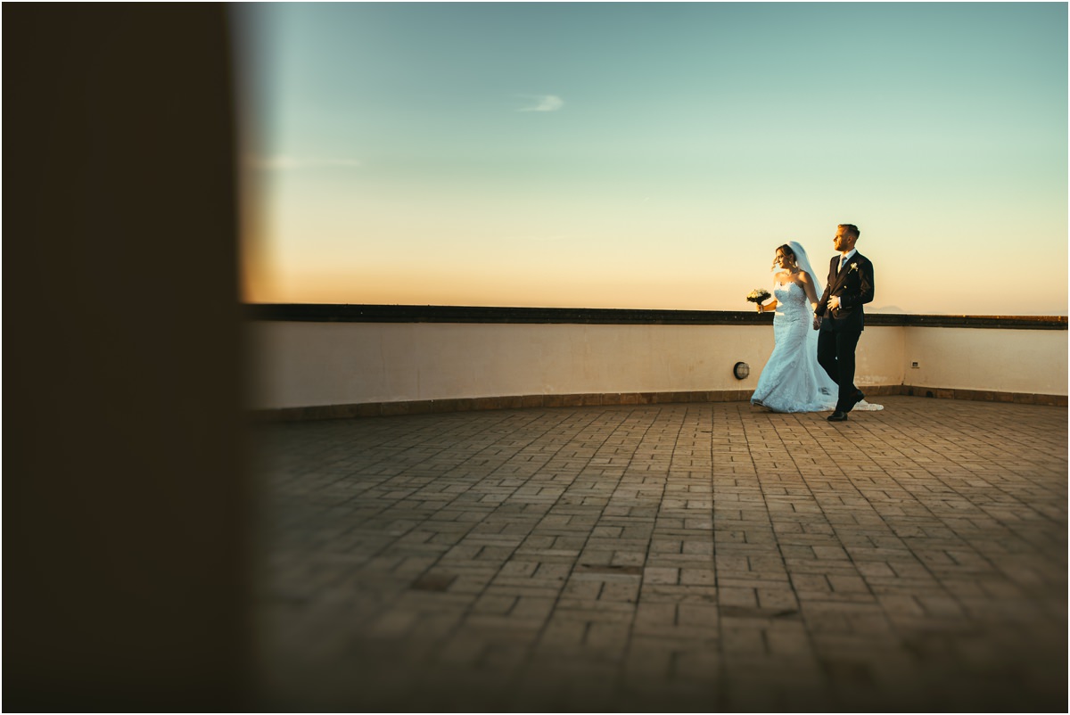 Miriana and Angus at Villa Grazioli Destination wedding in Castelli Romani: Miriana and Angus at sunset at Villa Grazioli, Grottaferrata