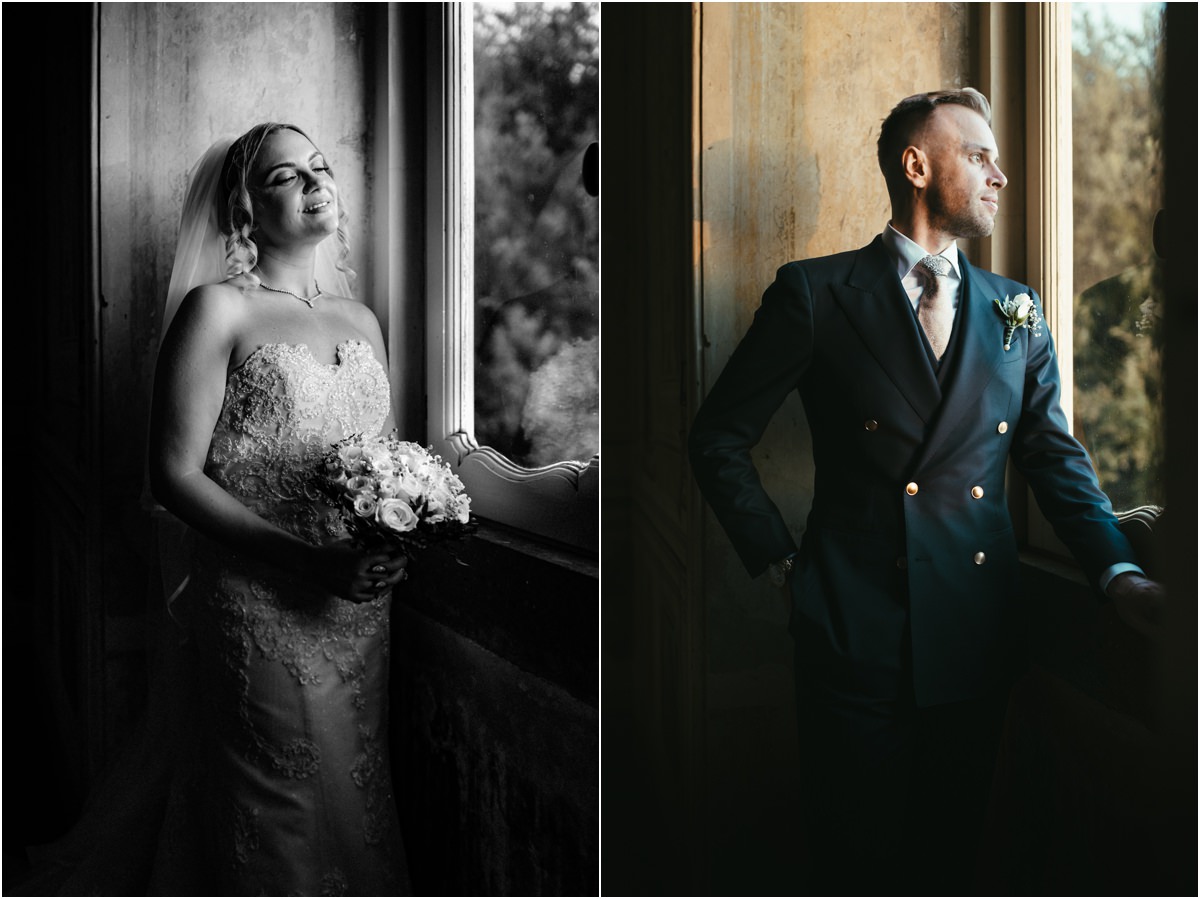 Bride and Groom Portraits by the Window Portraits of bride Miriana in black and white and groom Angus in colour by a window of Villa Grazioli