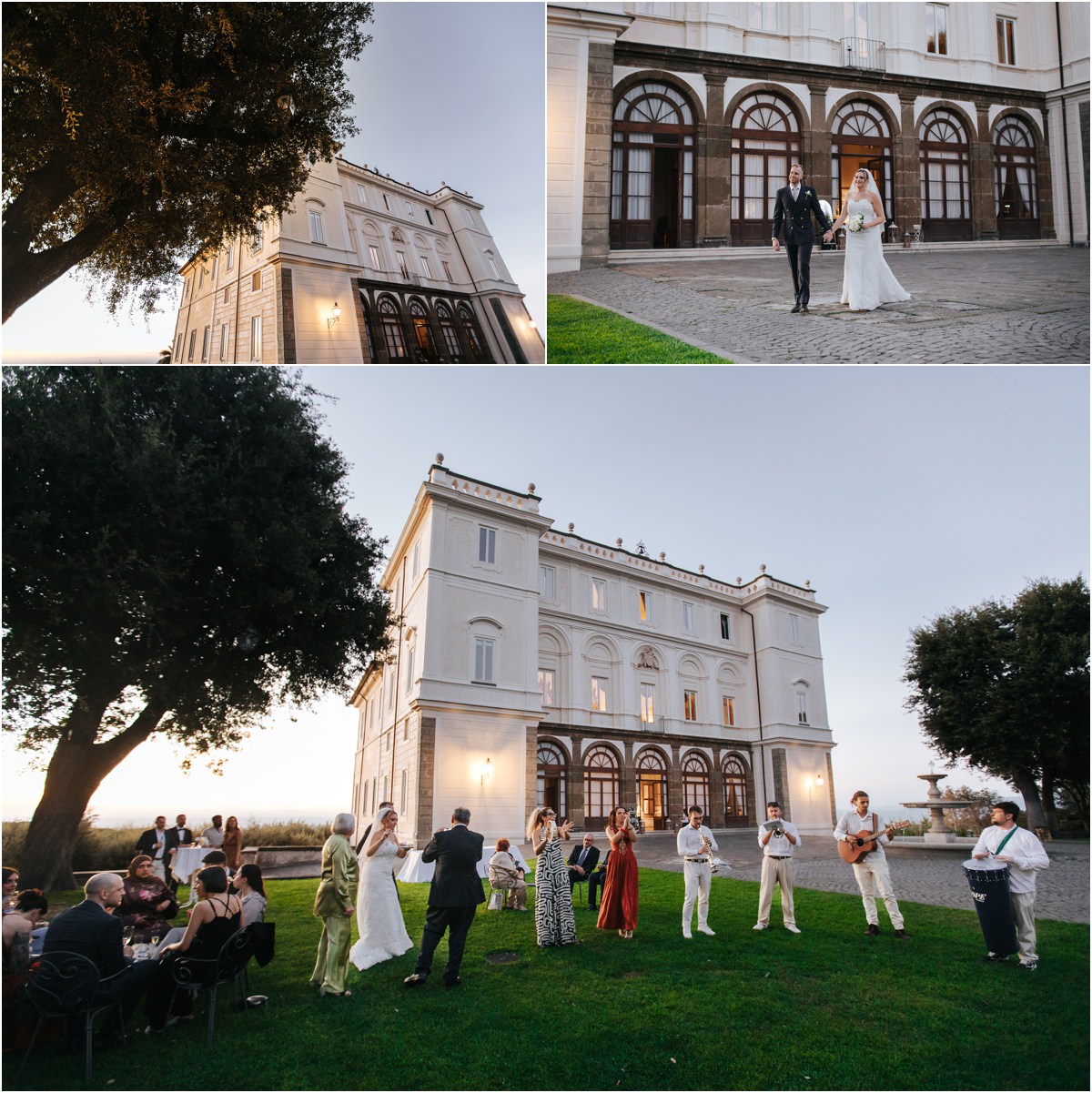 Aperitif with Live Music on the Lawn of Villa Grazioli Miriana and Angus with guests and live musicians on the lawn in front of Villa Grazioli at sunset