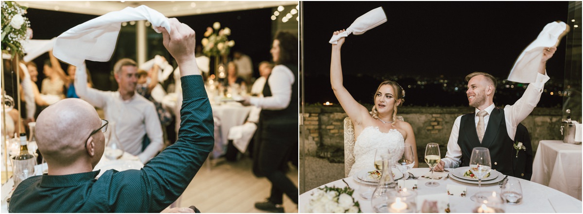 Napkins in the Air at the Wedding Reception Guests and newlyweds Miriana and Angus waving white napkins in the air during the wedding dinner