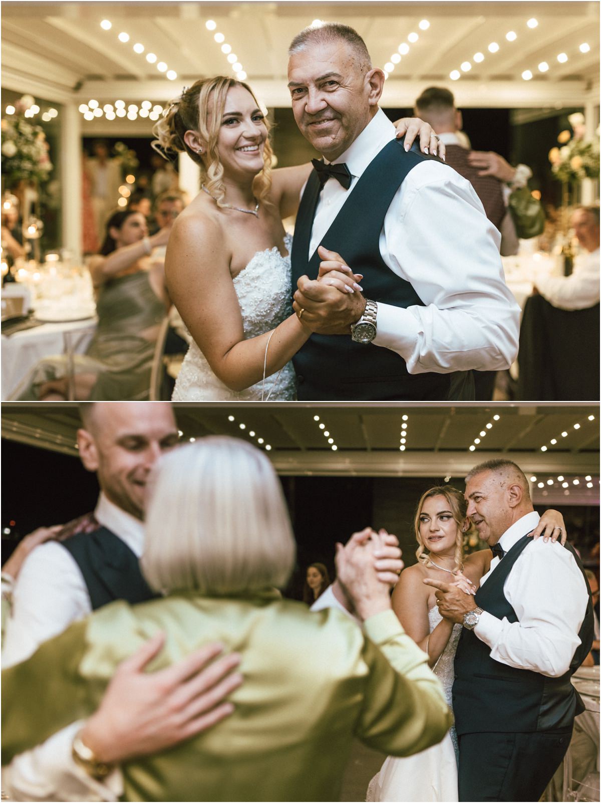 Bride and Groom Dancing with Family Smiling Miriana dancing with a man in a bow tie while Angus dances with a woman in a green satin suit