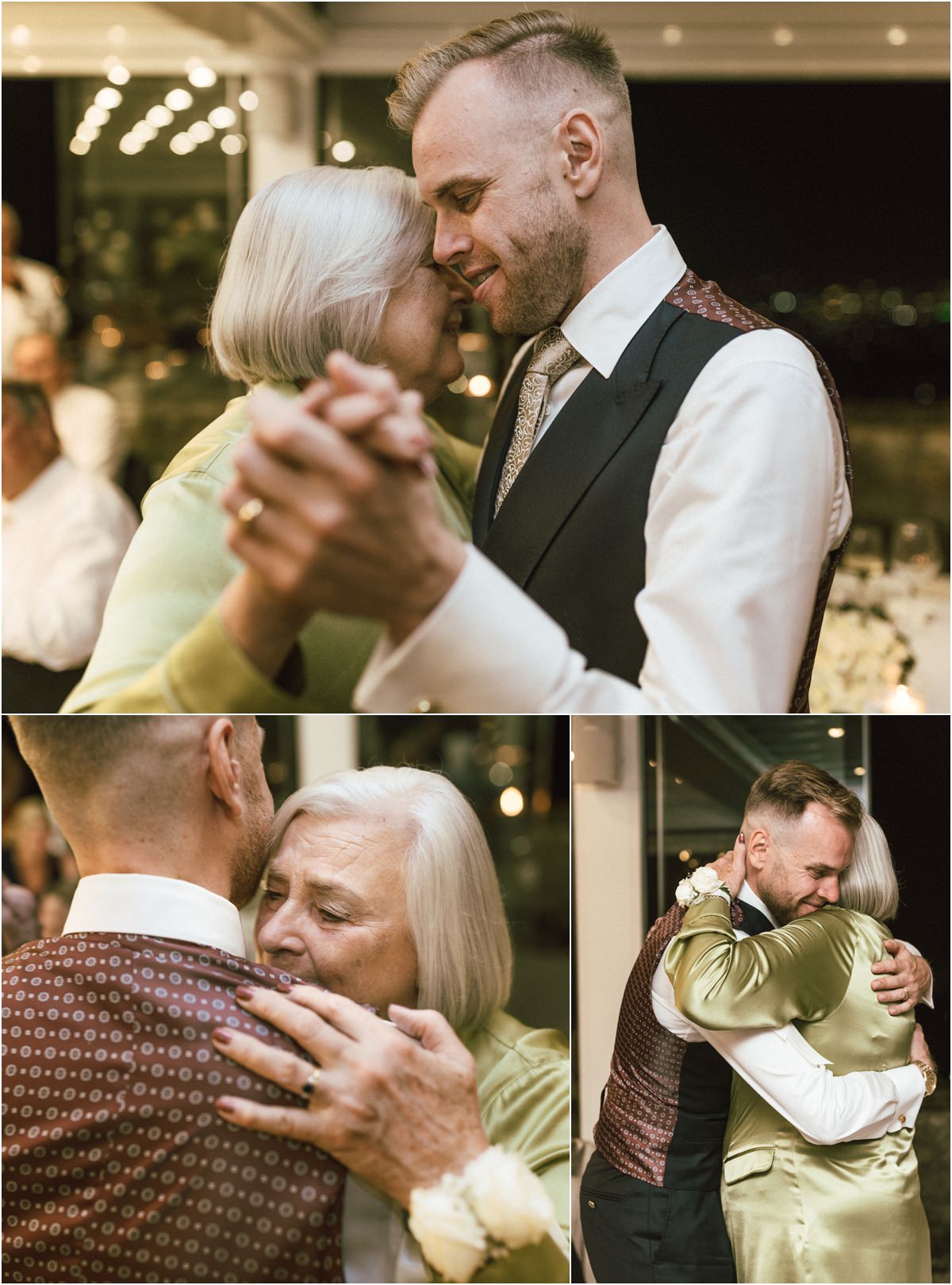 An Emotional Dance and a Hug Groom Angus dancing forehead to forehead with a woman in a green satin suit and hugging her tightly