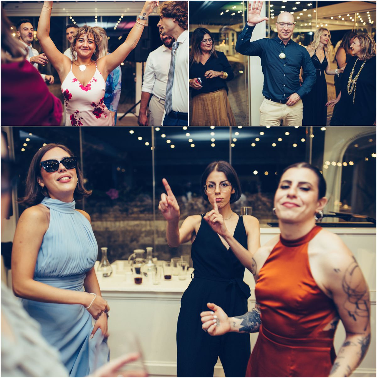 Bridesmaids and Guests on the Dance Floor Bridesmaids and guests dancing with raised hands and sunglasses at the wedding party