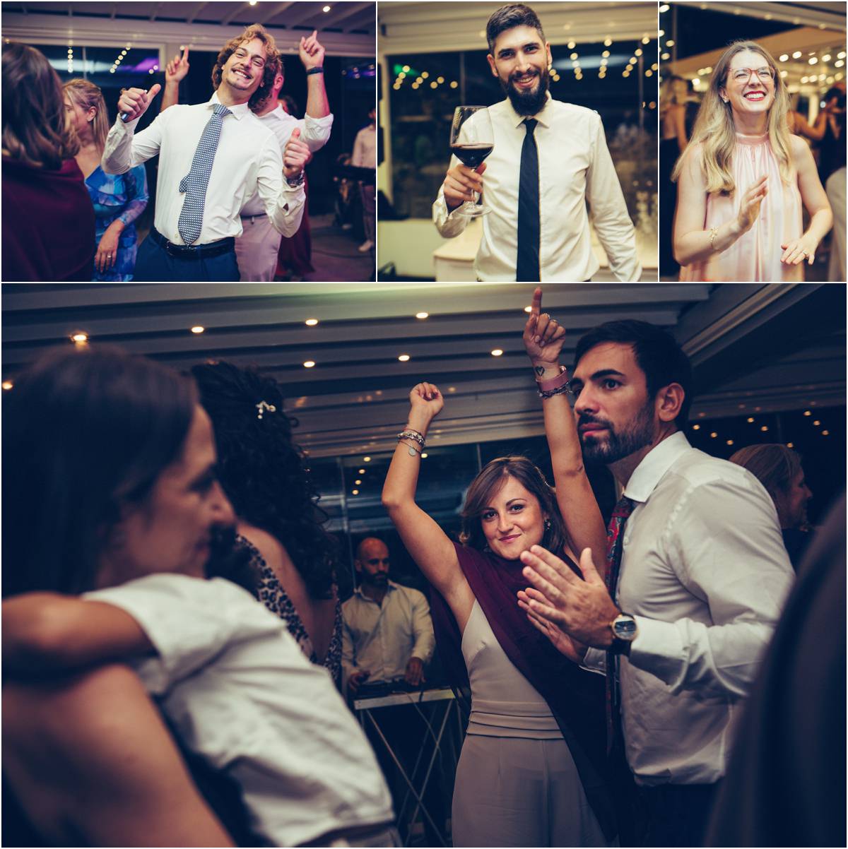 Party Time for the Guests Guests laughing, toasting and dancing with arms in the air during the wedding party